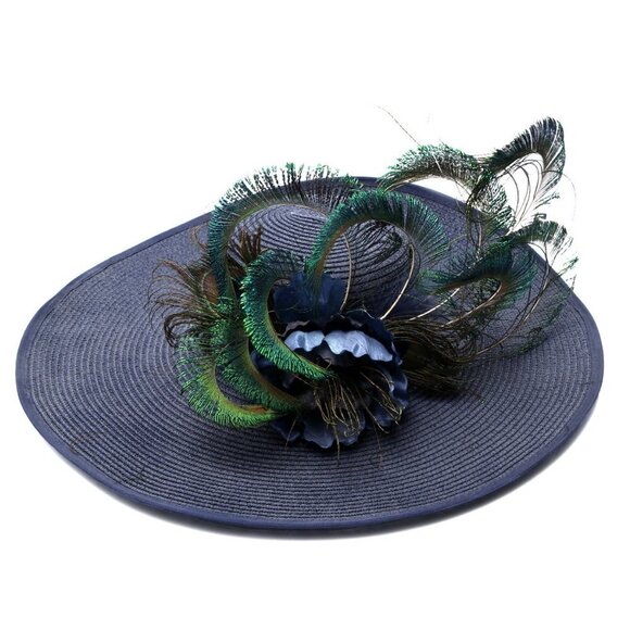 Large Brim Hat Peacock Feathers Floral Queens Plate Horse Race Summer Parties - Picture 10 of 12